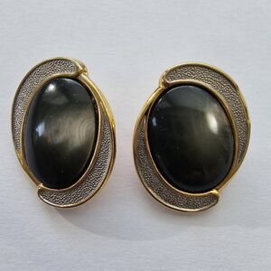 Oval Gold & Silver textures metal Opal Cat's eye Vintage Statement Earrings